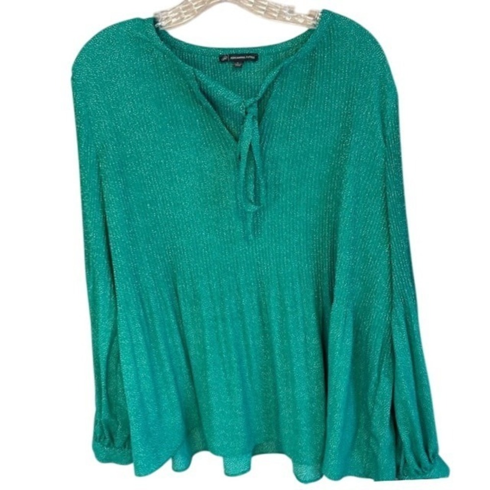 Adrianna Papell Green w/‎ White Dots Long Sleeve V-Neck Blouse Size LG